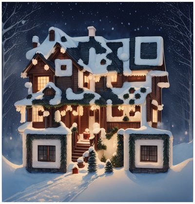 Snowy Christmas House Night Painting QR Code for Greeting Cards