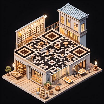 Isometric Bakery Diorama QR Code for Restaurant Menus