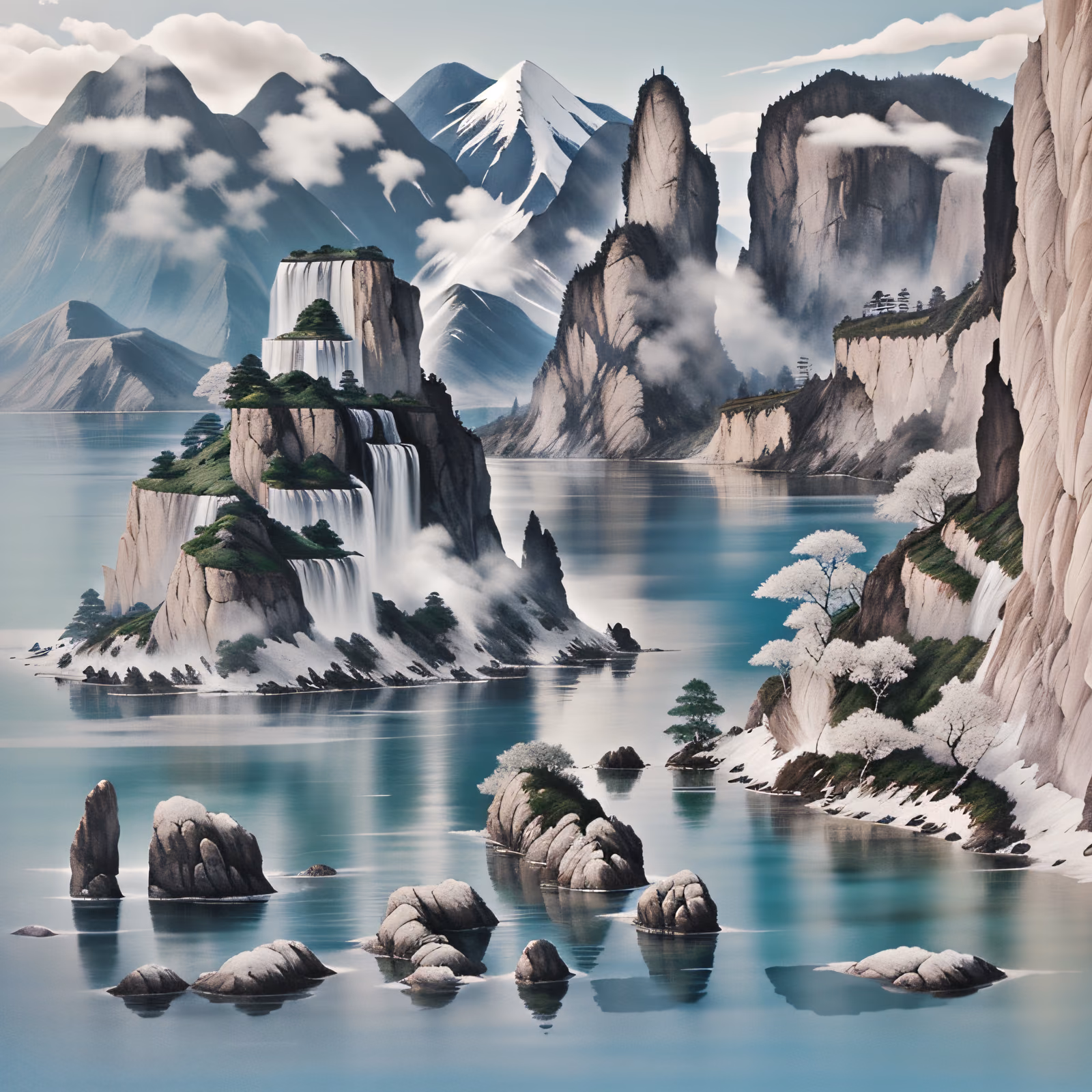 Misty Mountain Lake Ink Landscape Mountains QR Code Art — image 1