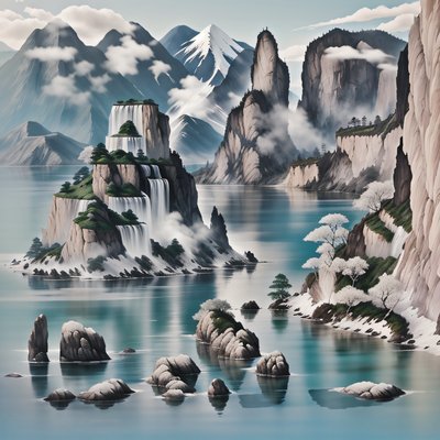 Misty Mountain Lake Ink Landscape Mountains QR Code Art