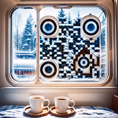Winter Train Window Coffee Scene QR Code Art — image 1