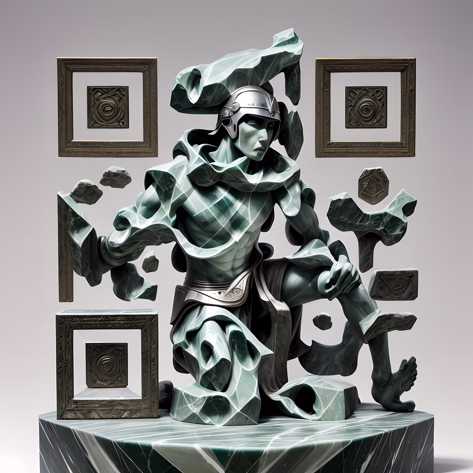 Green Marble Warrior Sculpture QR Code Art — image 1