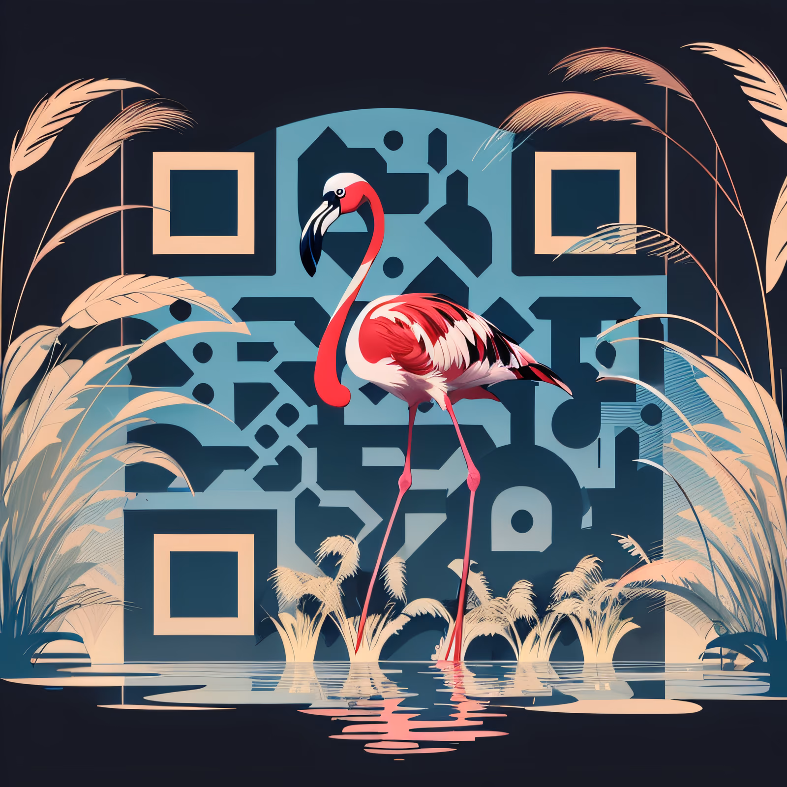 Flamingo in Reeds Flat Vector QR Code for Posters — image 1