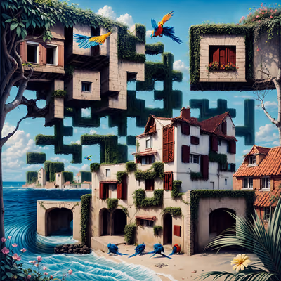 Surreal Coastal Village with Parrots QR Code Art — image 1