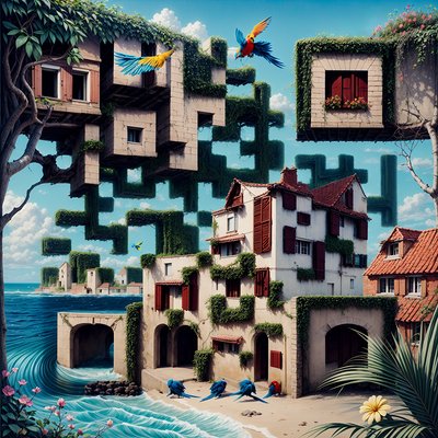 Surreal Coastal Village with Parrots QR Code Art