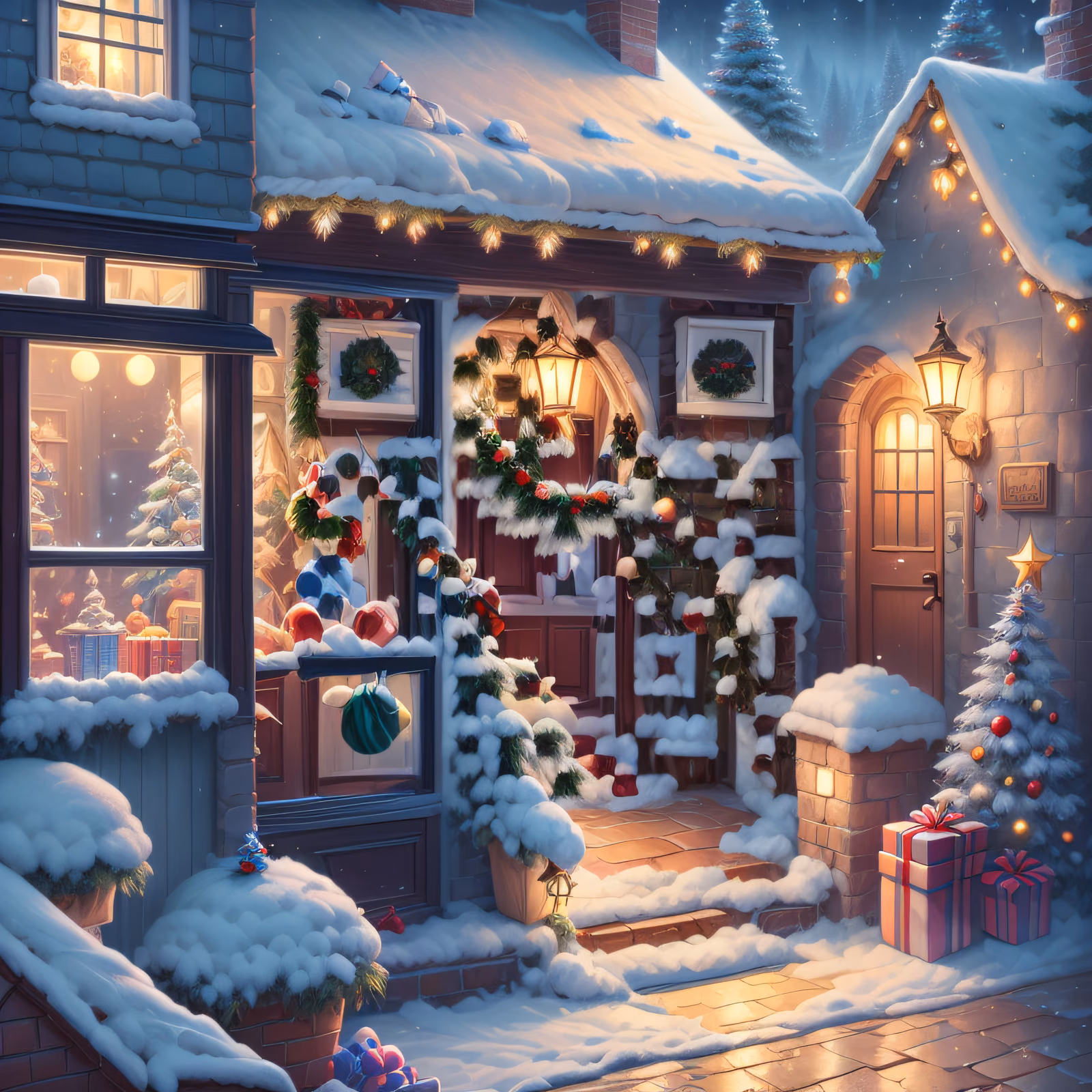Snowy Christmas Cottage Digital Painting Christmas Tree QR Code for Greeting Cards — image 1