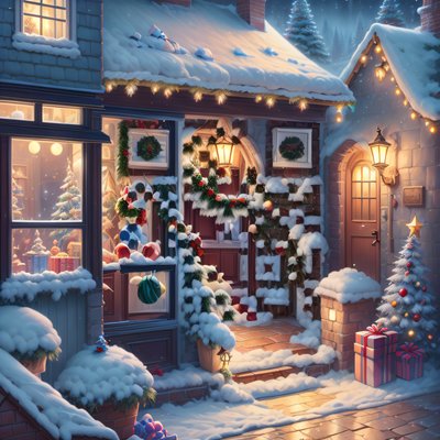 Snowy Christmas Cottage Digital Painting Christmas Tree QR Code for Greeting Cards