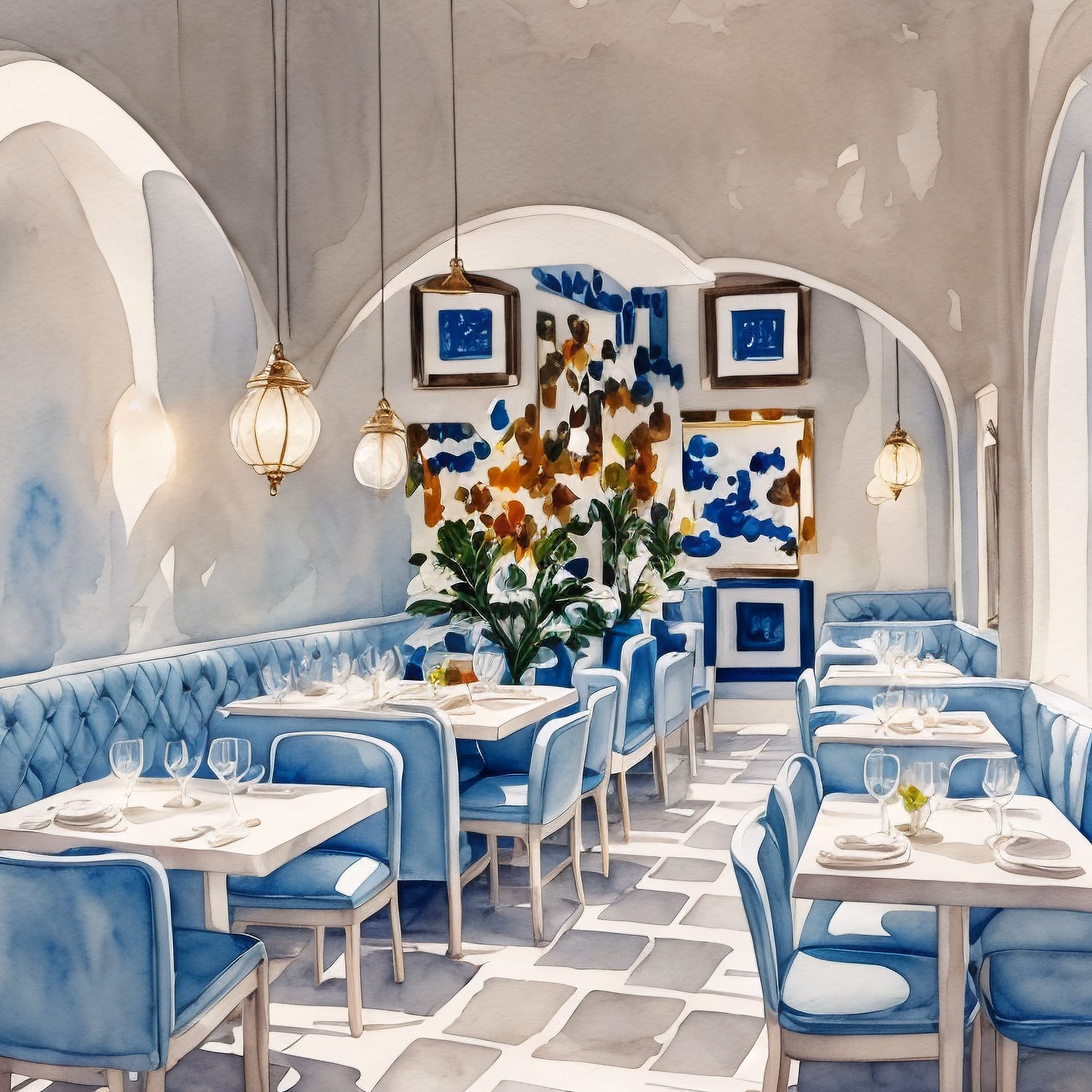 Greek Restaurant Interior Watercolor QR Code for Restaurant Menus — image 1