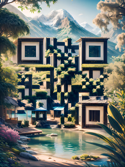 Mountain Lagoon Resort Digital Painting QR Code Art — image 1