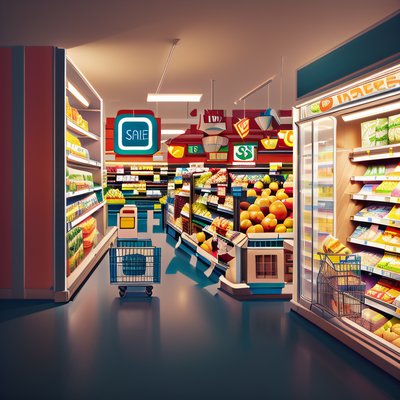 Supermarket Aisle 3D Illustration QR Code for Flyers