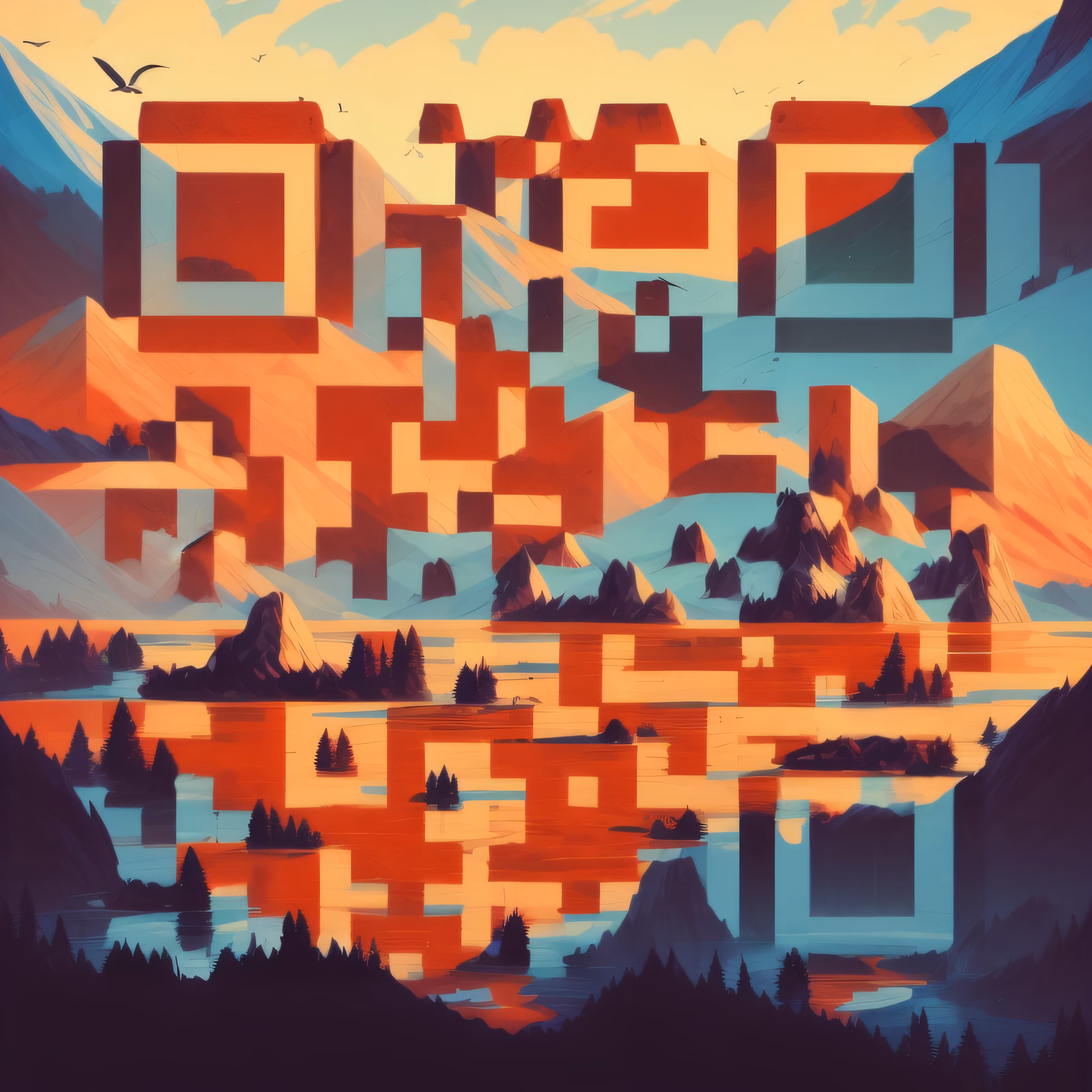 Mountain Lake Sunset Vector QR Code for Posters — image 1