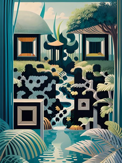 Tropical Jungle Waterfall Digital Painting QR Code Art