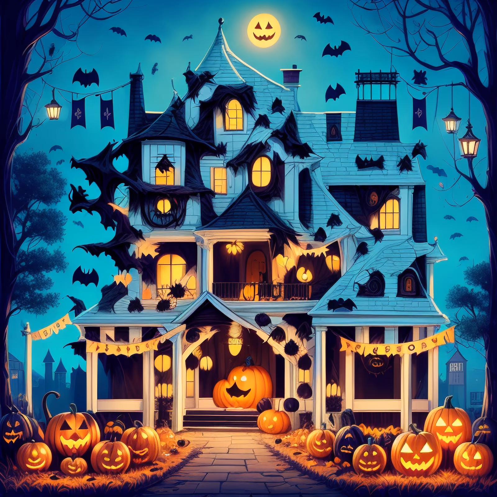 Haunted House Halloween Cartoon Pumpkin QR Code for Posters — image 1