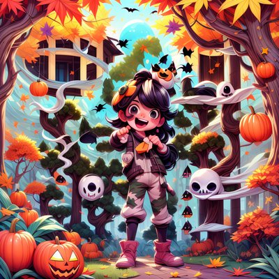 Halloween Forest Kid Cartoon QR Code for Posters