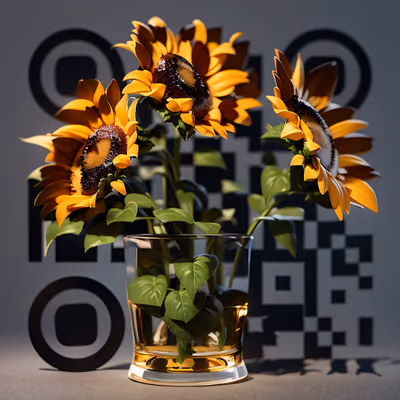 Подсолнухи в стеклянной вазе, 3D листья, QR-код — изображение 1
