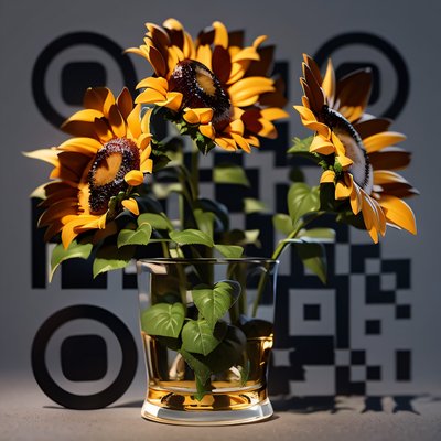 Подсолнухи в стеклянной вазе, 3D листья, QR-код