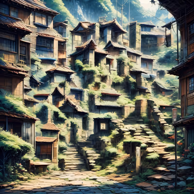 Hillside Village Anime Style QR Code Art — image 1