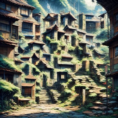 Hillside Village Anime Style QR Code Art