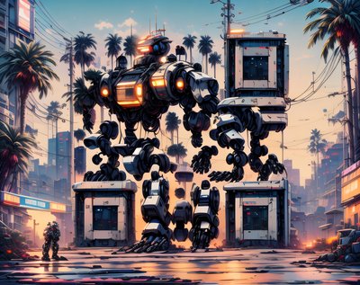Giant Mech Sunset City Cyberpunk QR Code for Posters