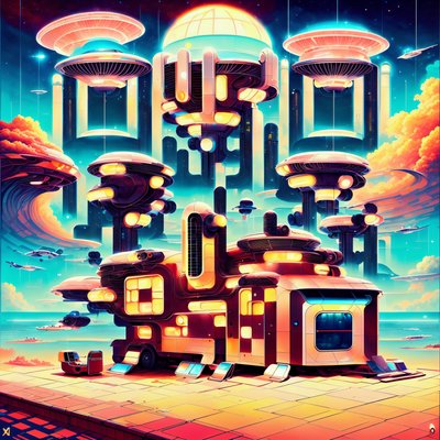 Retrofuturistic Caravan Cityscape QR Code for Posters