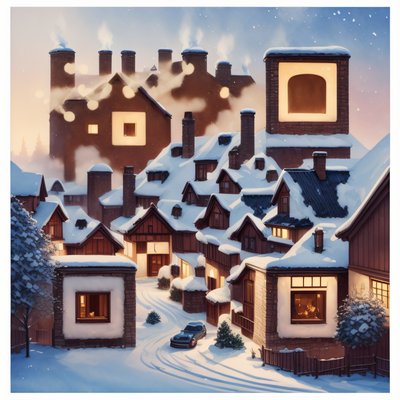 Snowy Village Dusk Painting QR Code for Greeting Cards