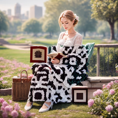 Woman Reading in Park Realistic QR Code Art — image 1