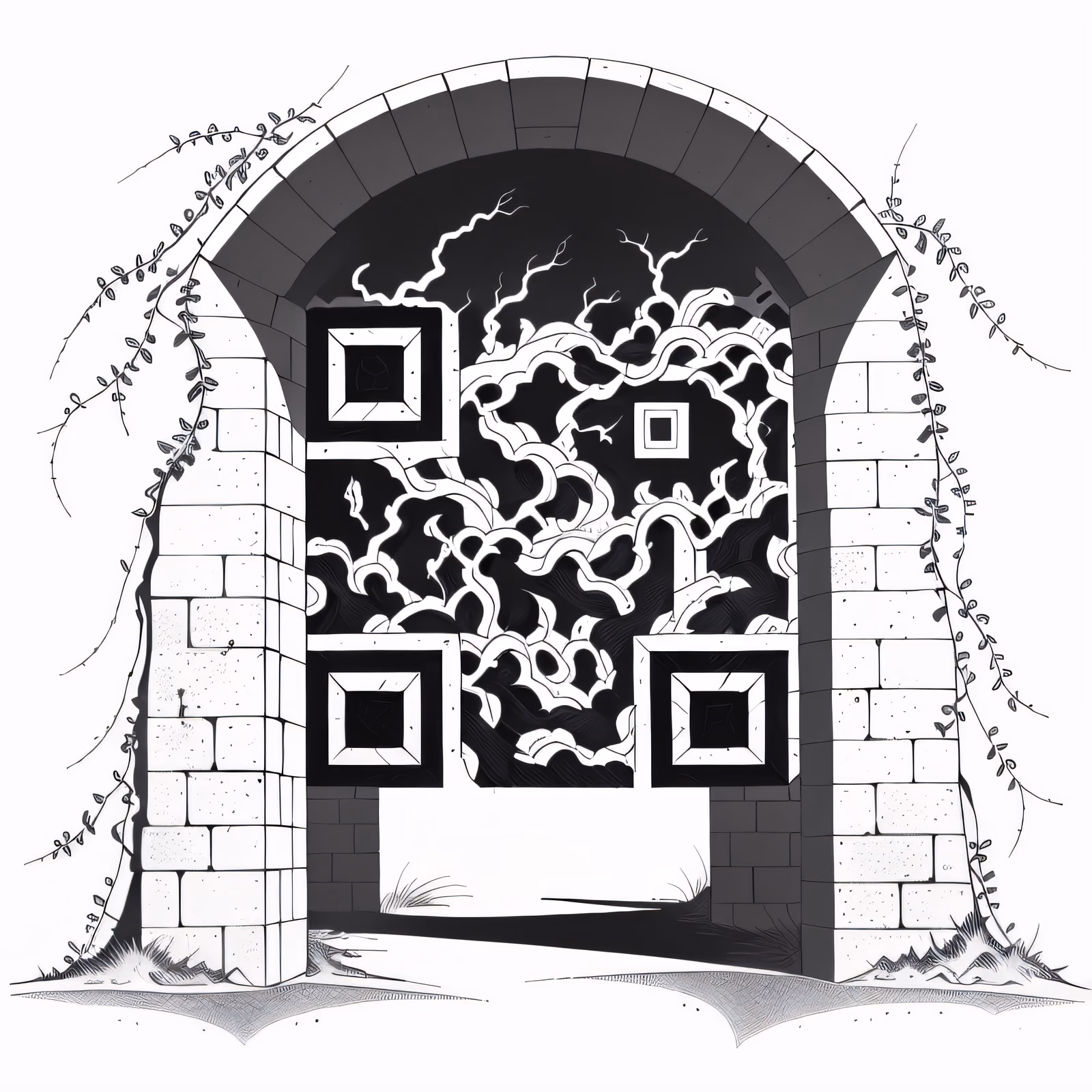 藤蔓石拱门水墨二维码艺术,适用于临时纹身 — 图片 1