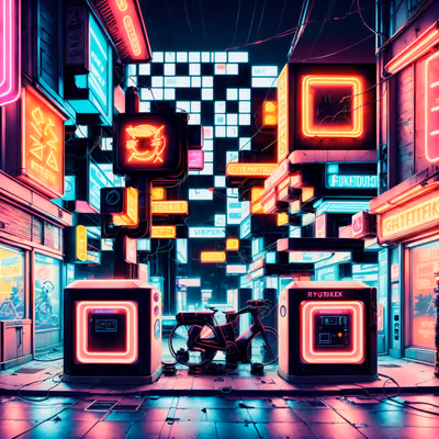 Неоновый переулок с зарядной станцией в стиле киберпанк: QR-код для постеров — изображение 1