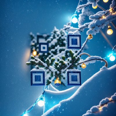 Snowy Christmas Lights Photoreal QR Code for Greeting Cards