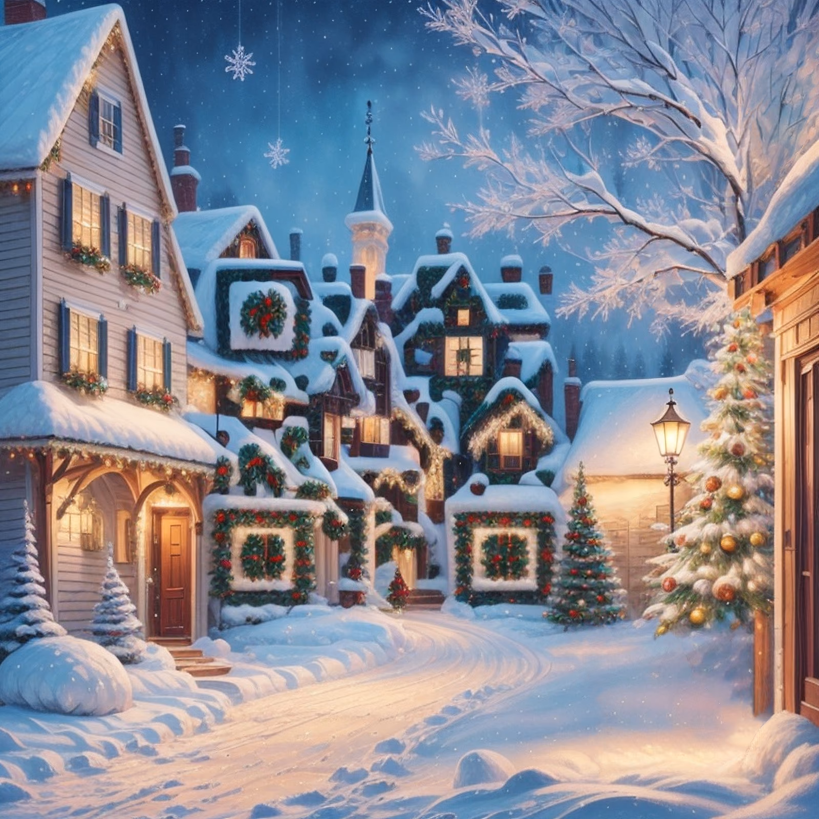Snowy Christmas Village Digital Painting QR Code for Greeting Cards — image 1