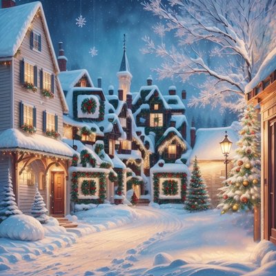 Snowy Christmas Village Digital Painting QR Code for Greeting Cards