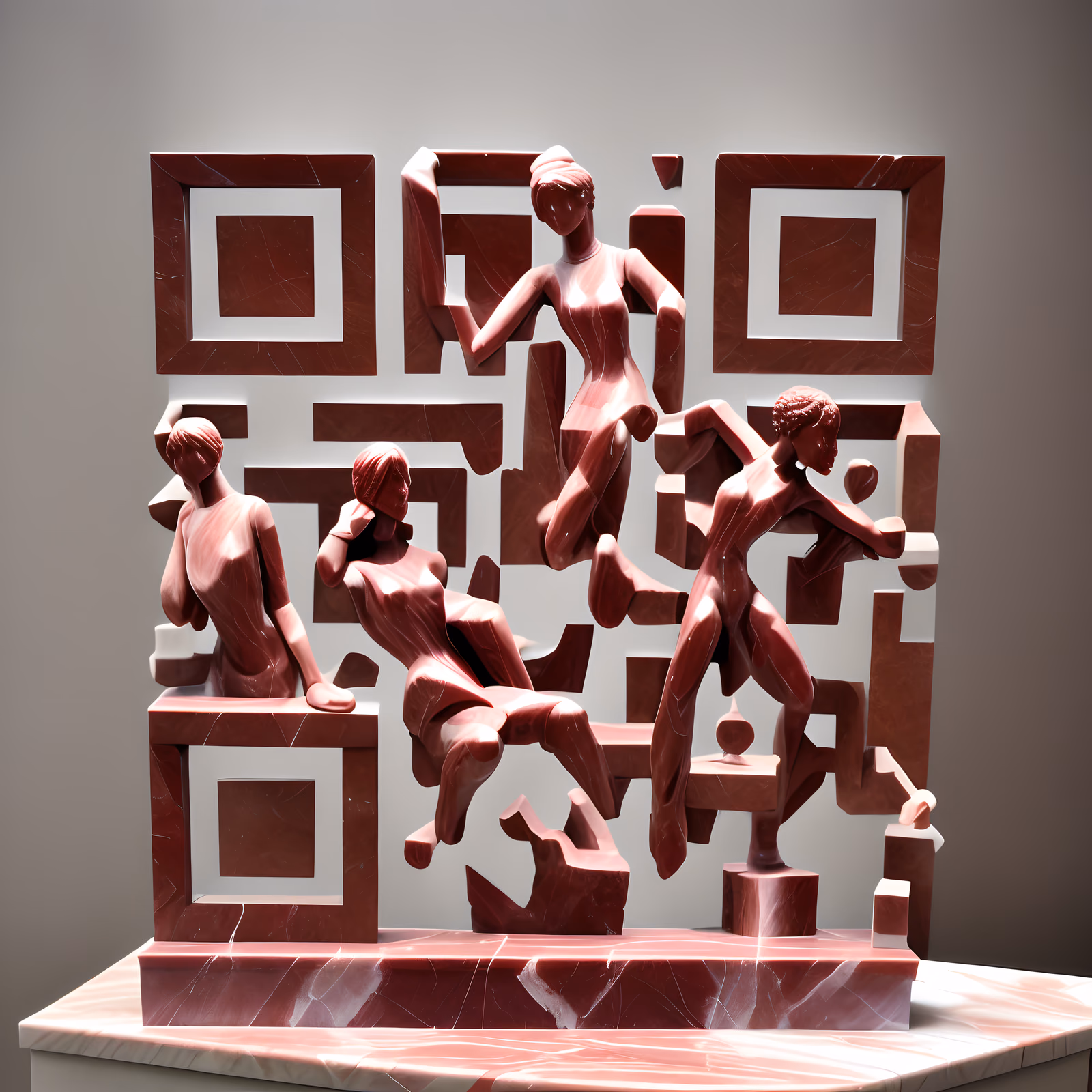 Скульптура из красного мрамора с фигурами: QR-код как искусство — изображение 1