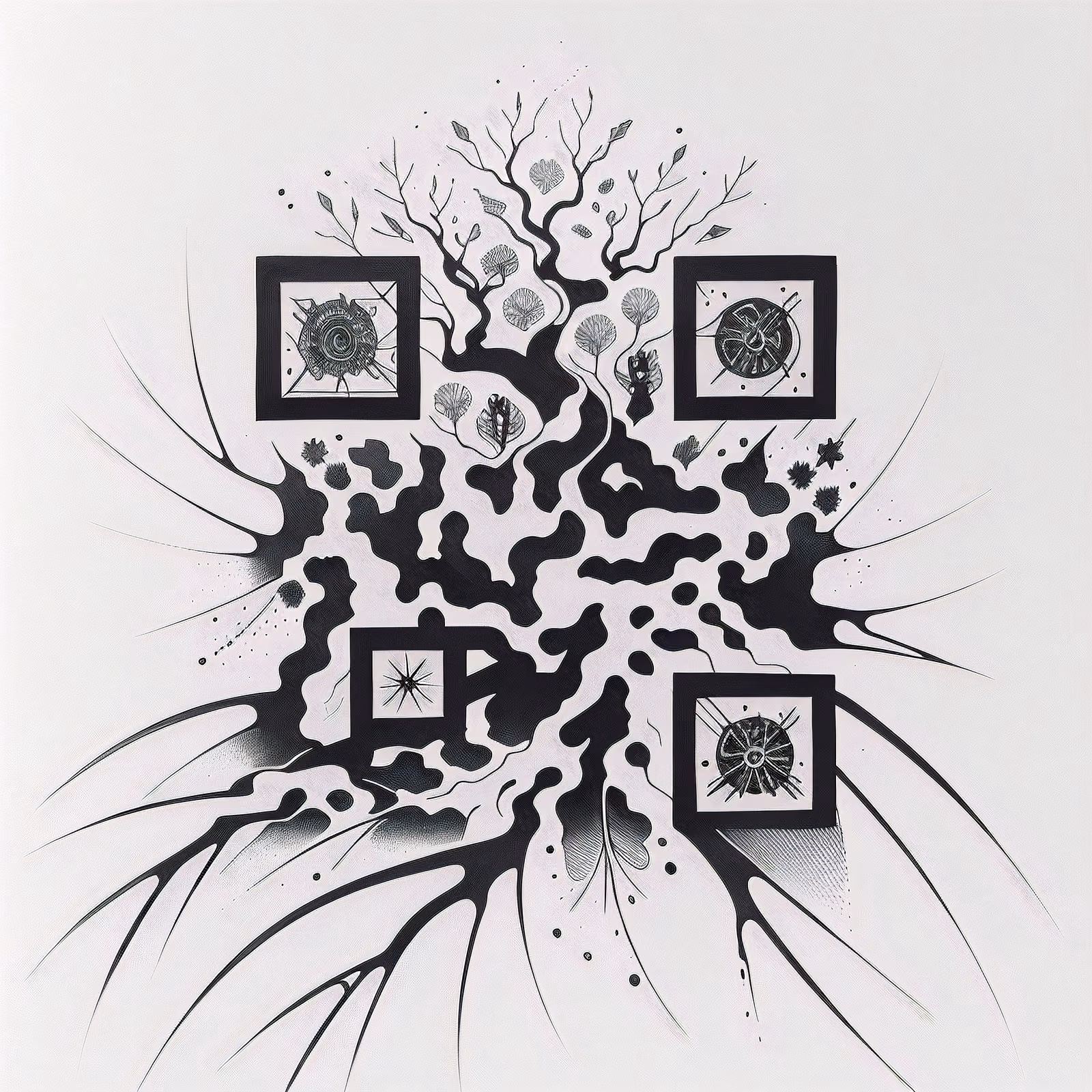 QR-код с корнями дерева и лучами в стиле чернильной татуировки для временных тату — изображение 1