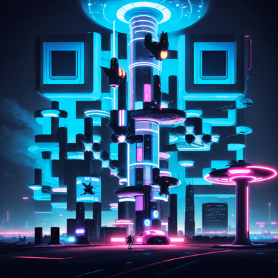 Neon Flying Taxi Tower Retrofuturism QR Code for Posters — image 1