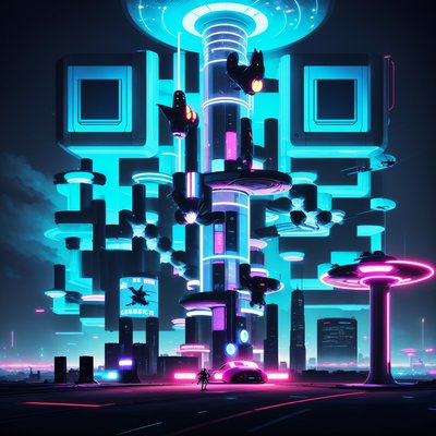 Neon Flying Taxi Tower Retrofuturism QR Code for Posters