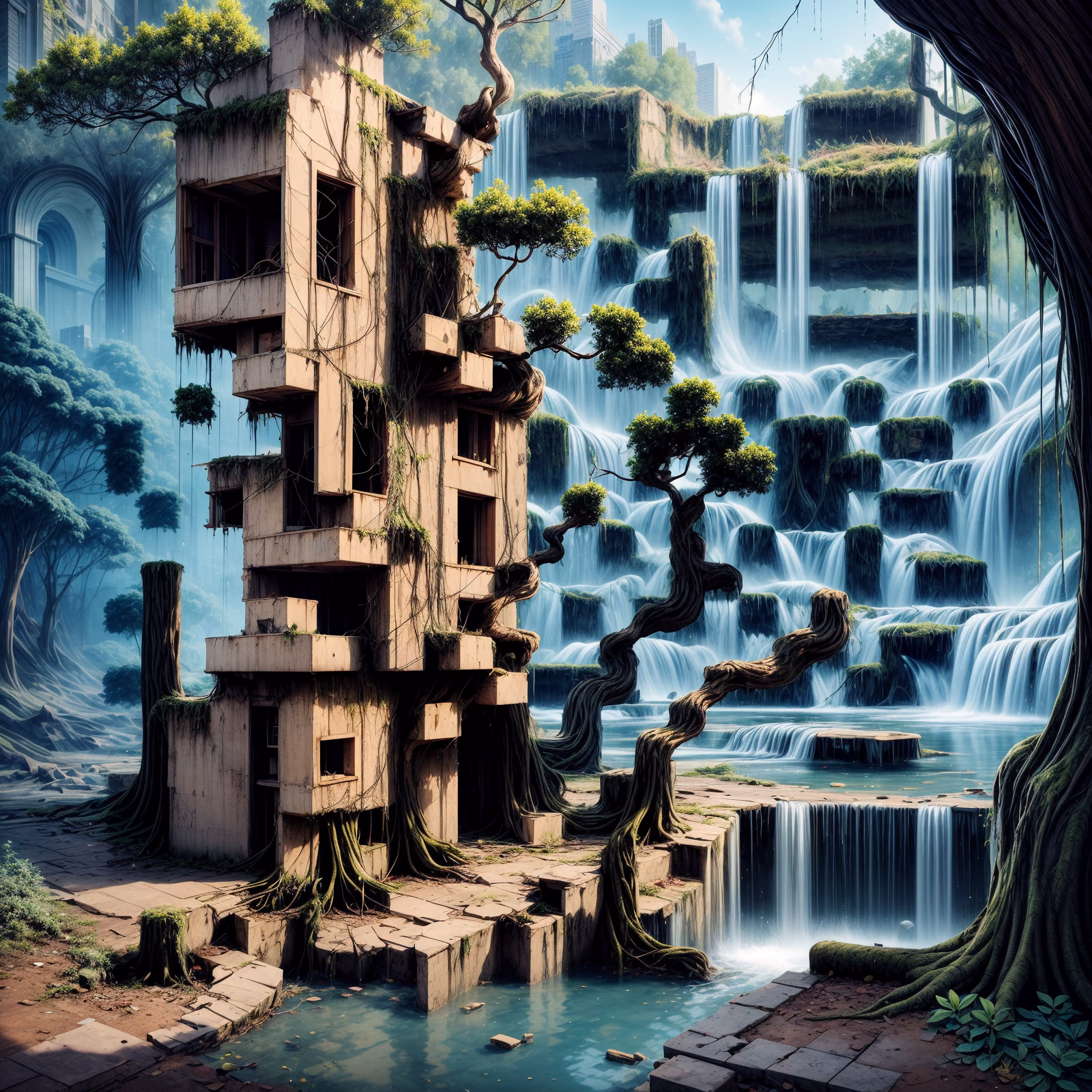 Overgrown Ruined Tower Waterfalls Surreal QR Code Art — image 1