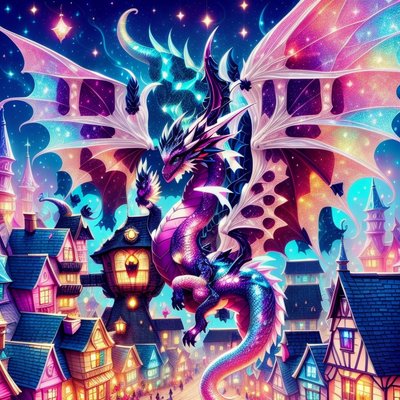 Purple Dragon Over Fantasy Town QR Code for Posters