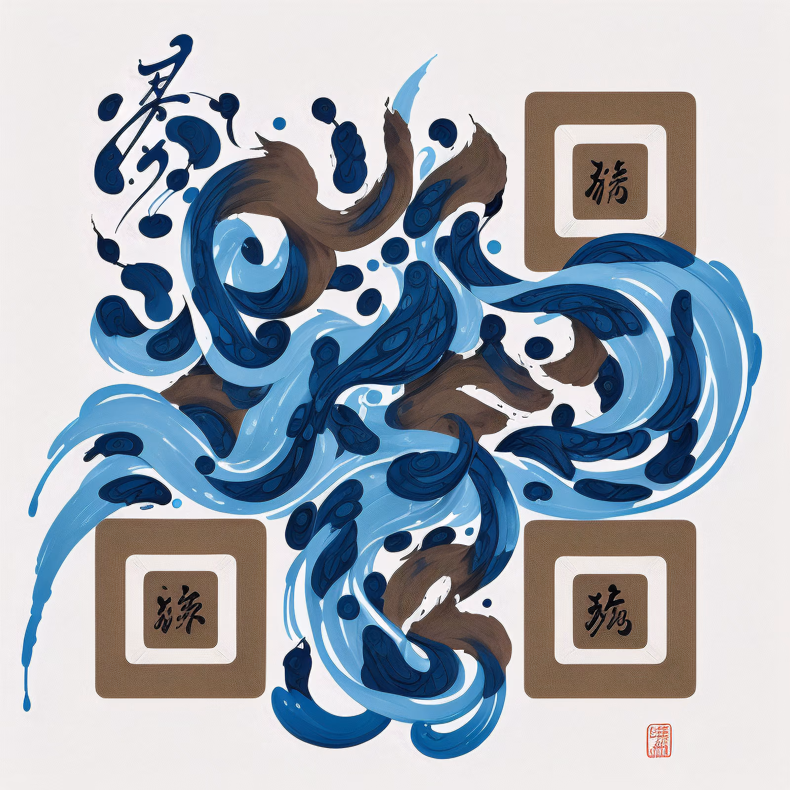 Blue Ink Calligraphy Waves QR Code Art — image 1