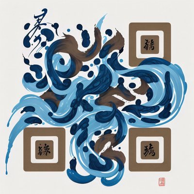 Blue Ink Calligraphy Waves QR Code Art