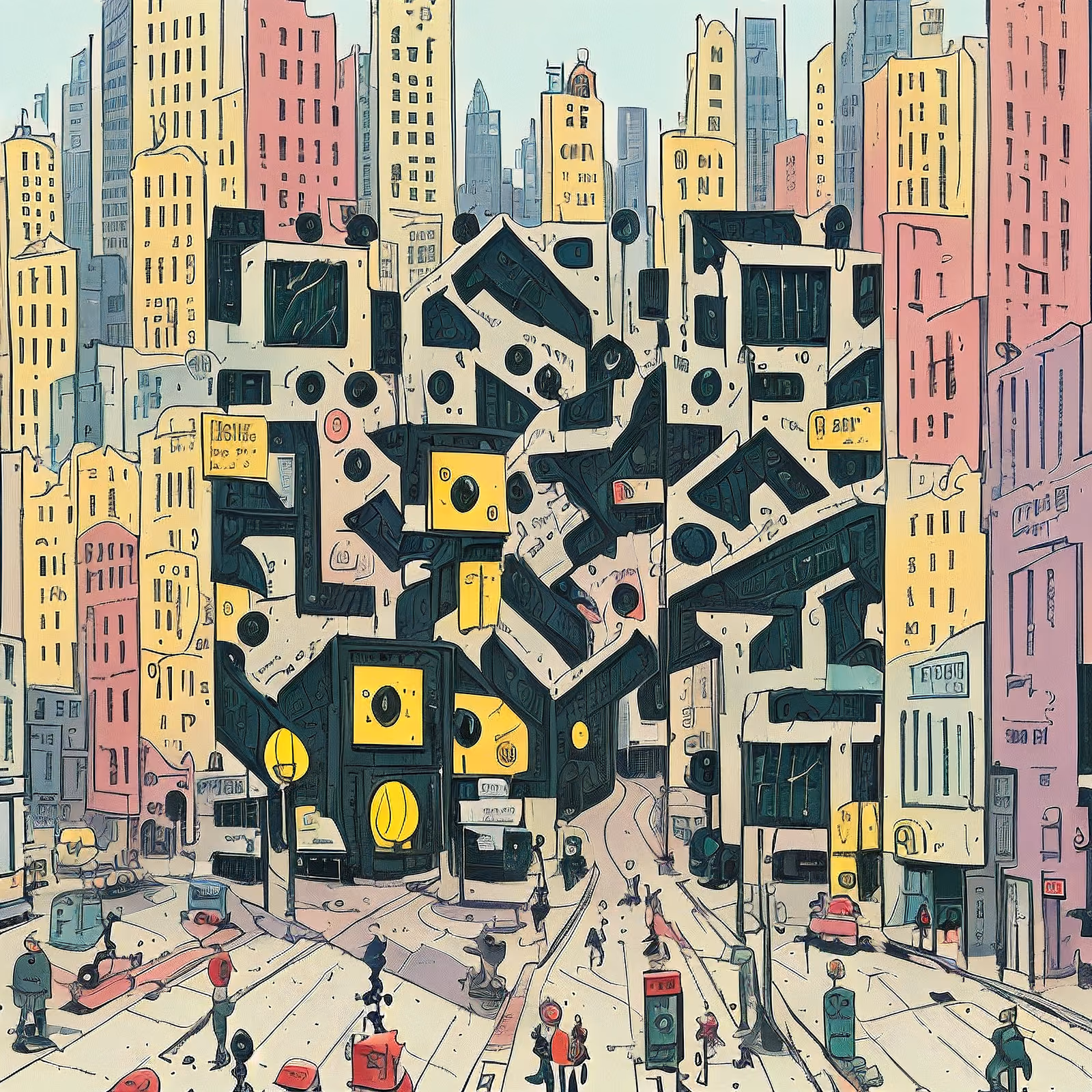 粉彩摩天楼街景漫画风二维码艺术,适用于海报 — 图片 1