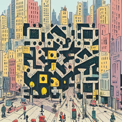 粉彩摩天楼街景漫画风二维码艺术,适用于海报 — 图片 1