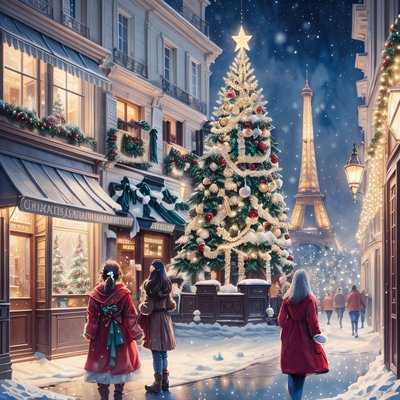 Paris Christmas Street Painting QR Code for Greeting Cards