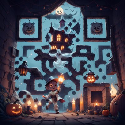 Kid and Ghost Halloween Castle QR Code for Posters