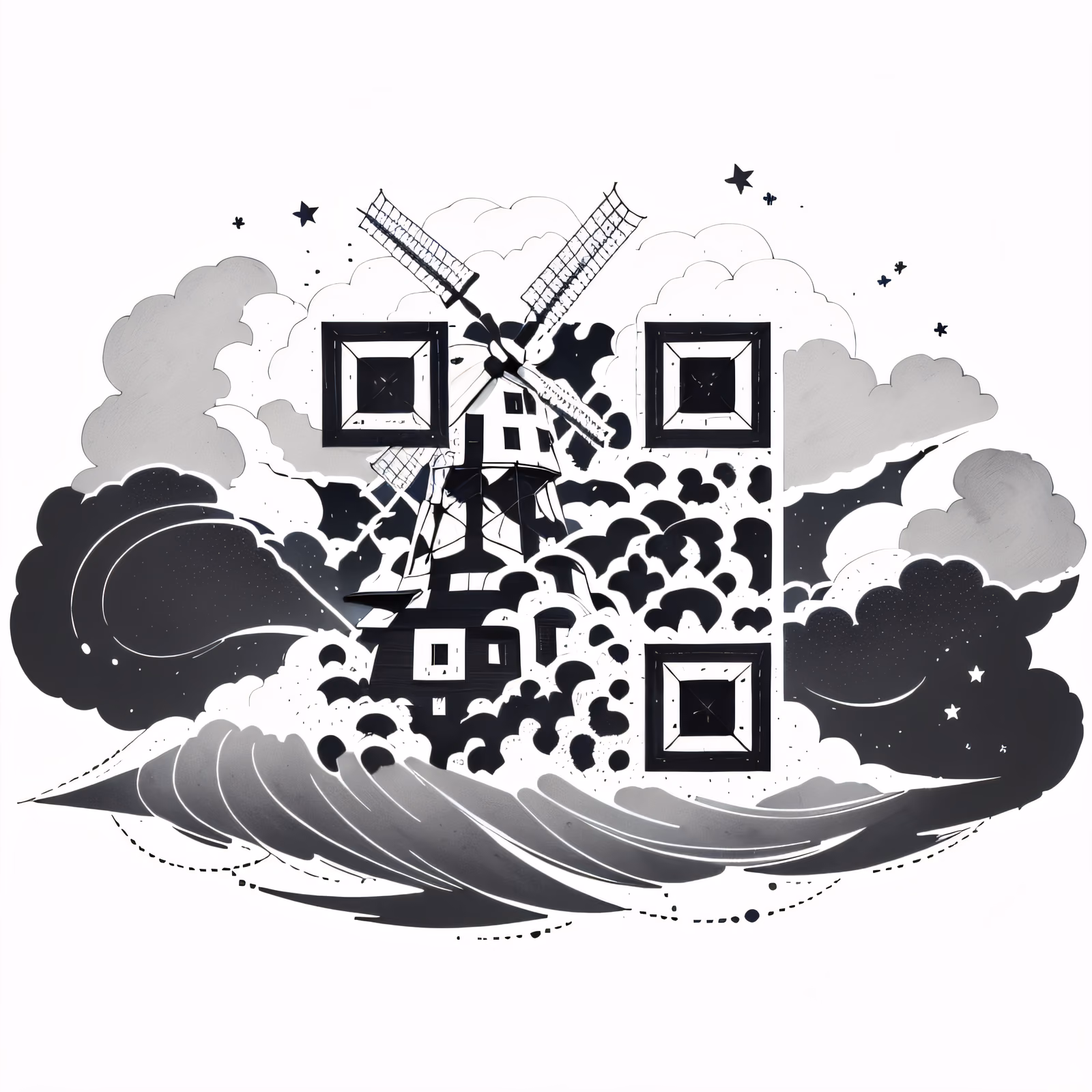 风车墨线纹身二维码艺术,适用于临时纹身 — 图片 1