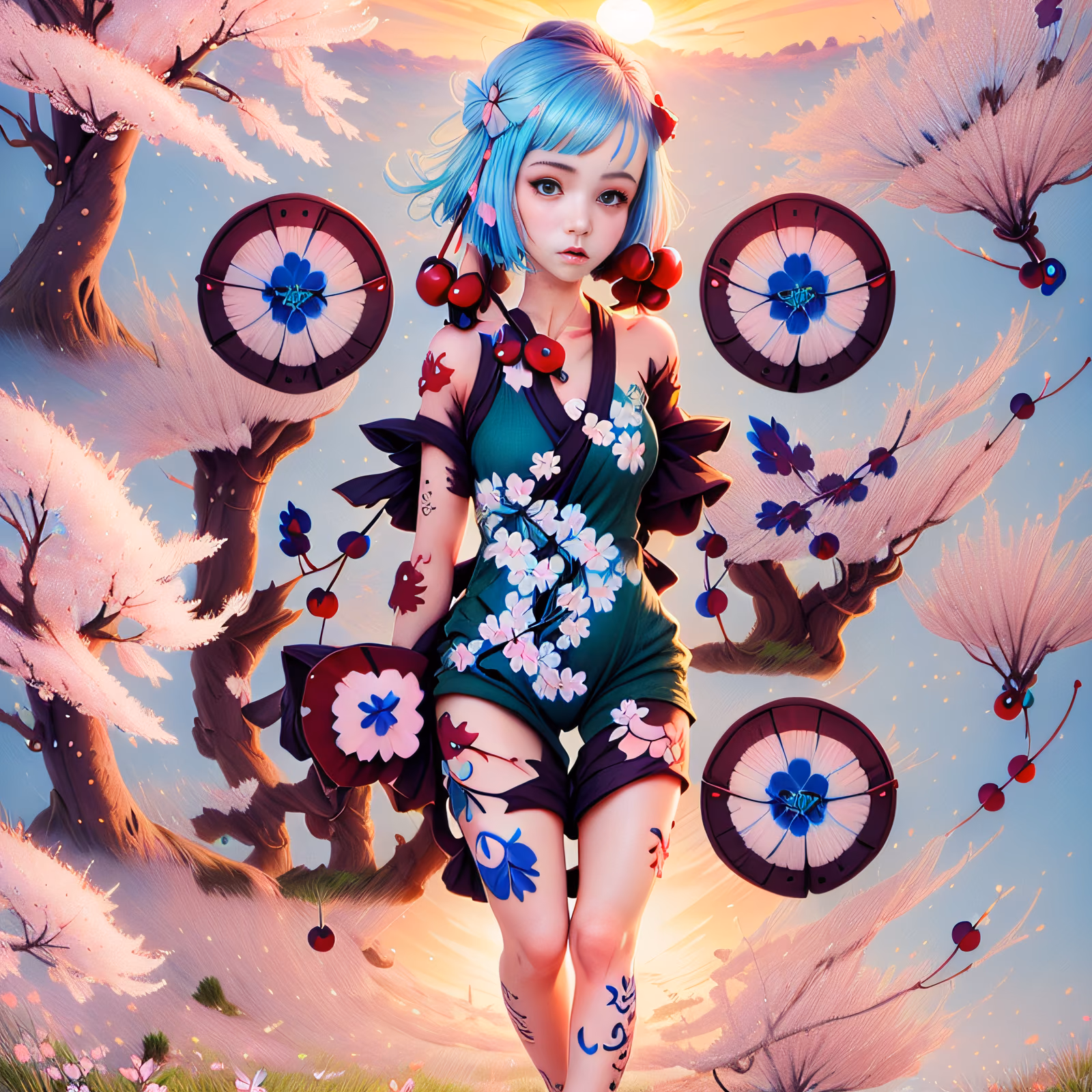 Blue Haired Girl Blossom Painting QR Code for Posters — image 1