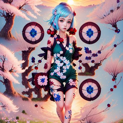 Blue Haired Girl Blossom Painting QR Code for Posters