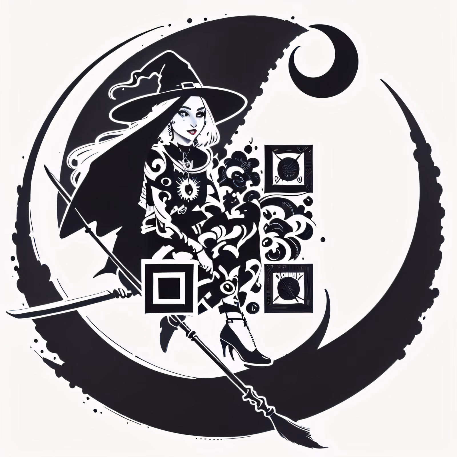 Witch on Broomstick Ink Tattoo QR Code for Temporary Tattoos — image 1