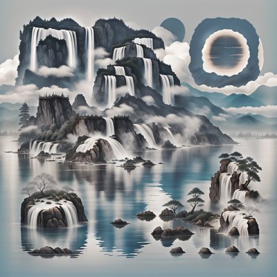 Misty Waterfall Cliffs Ink Painting QR Code Art