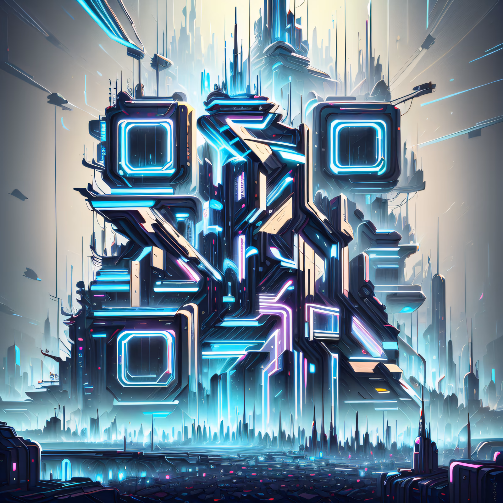 Neon Cyberpunk Megastructure City QR Code for Posters — image 1