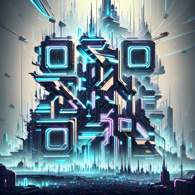 Neon Cyberpunk Megastructure City QR Code for Posters